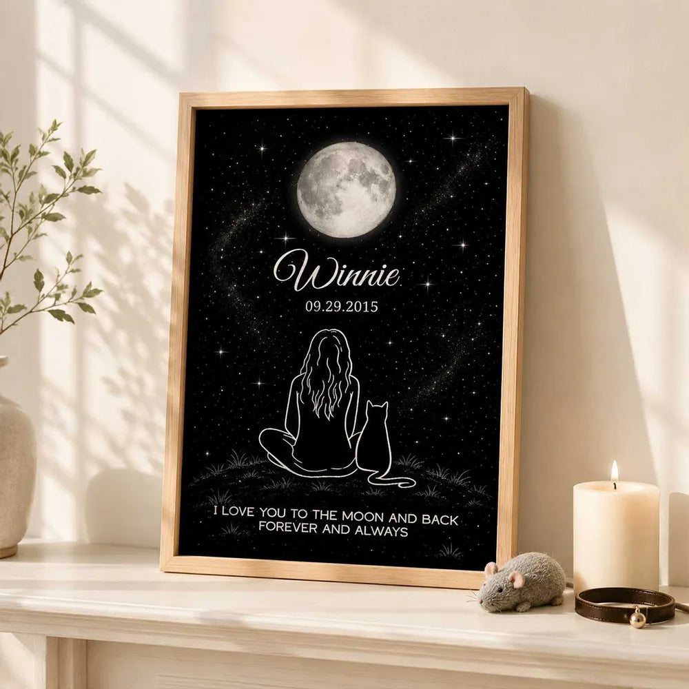 Personalized I Love You to the Moon and Back Cat Memorial Canvas, Seated Woman and Cat, Unique Sympathy Gift for Pet Owners