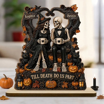 Personalized 2-Layer Wooden Plaque, Gothic Skeleton Couple With Mugs, Unique Anniversary Gift for Couples