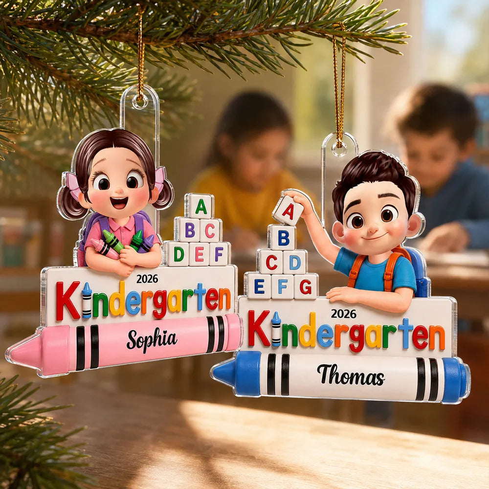 Personalized Acrylic Ornament, Colorful Kindergarten Child Holding Crayons, Unique Back to School Gift for Kids