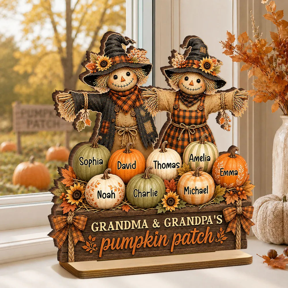 Personalized 2-Layer Wooden Plaque, Grandparent Scarecrows Together in a Pumpkin Patch, Unique Family Gift