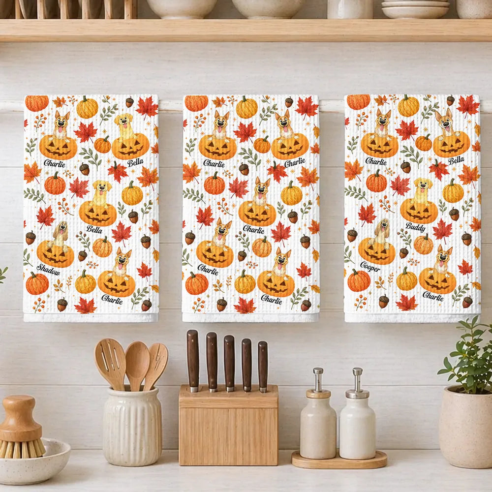 Personalized Kitchen Towel, Playful Dog Peeking from Pumpkins, Unique Fall Gift for Pet Owners