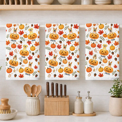 Personalized Kitchen Towel, Playful Dog Peeking from Pumpkins, Unique Fall Gift for Pet Owners