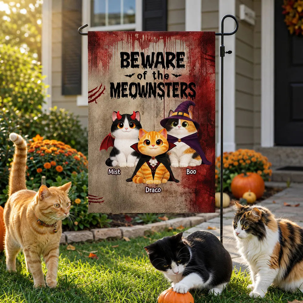 Personalized Garden Flag, Beware of the Meownsters Costume Cats, Red Vintage Halloween Decor, Unique Gift for Cat Lovers