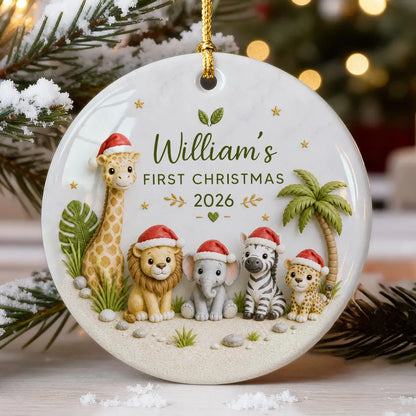 Personalized Ceramic Ornament, First Christmas Safari Animals, Unique Gift for New Parents and Baby
