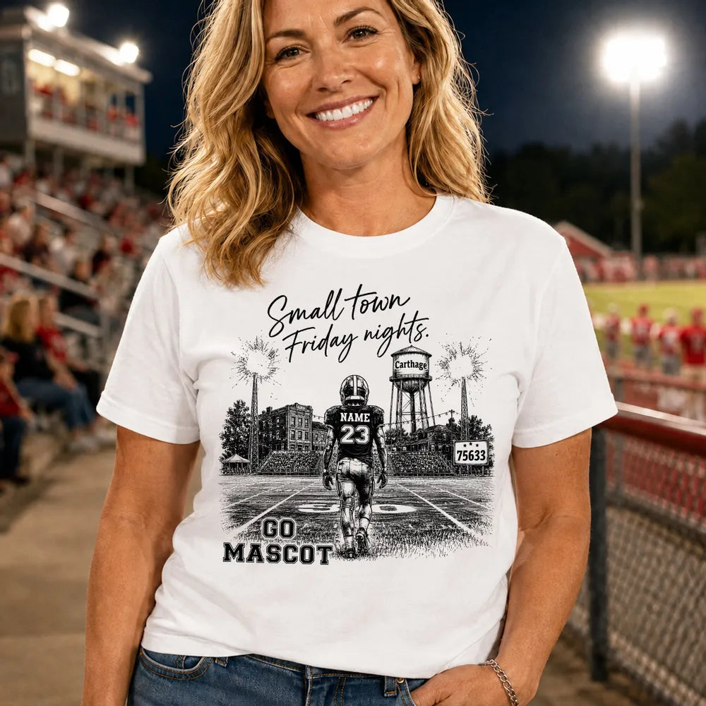 Small Town Friday Nights Personalized Classic Tee, Player Walking Onto Stadium Field, Creative Gift for Football Fans