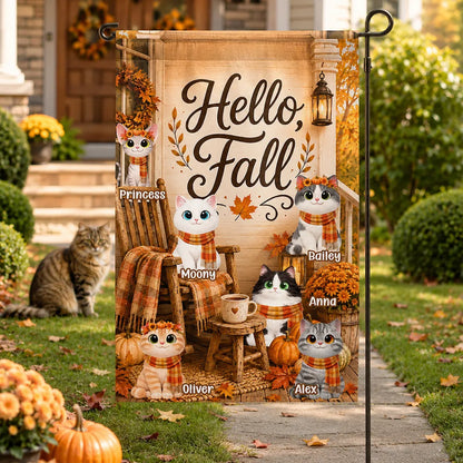 Hello Fall Garden Flag, Personalized Autumn Cat Porch Scene in Warm Orange Tones, Unique Gift for Pet Owners