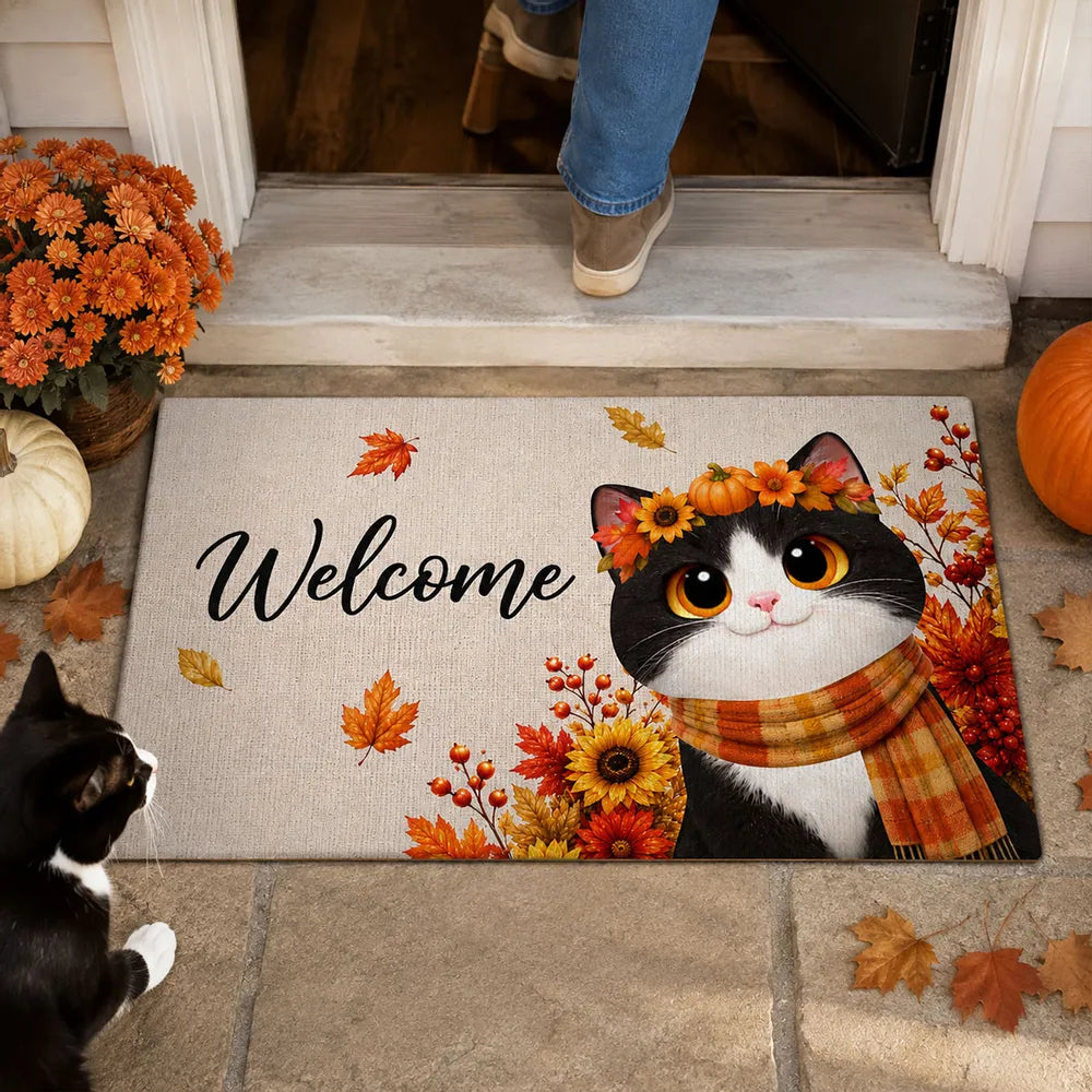 Personalized Standard Doormat, Scarf-Wearing Cats on an Autumn Porch, Creative Housewarming Gift for Cat Lovers