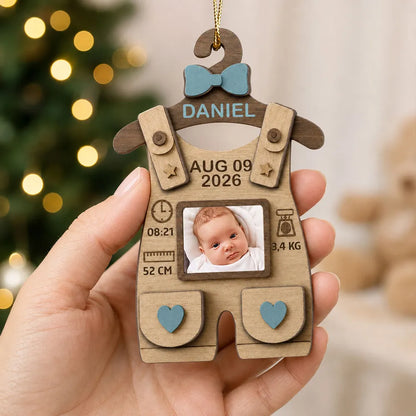 Personalized Baby Birth Stats 2-Layer Wooden Ornament, Outfit Photo Keepsake for Christmas Tree, Unique Gift for Parents