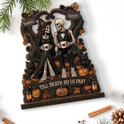 Personalized 2-Layer Wooden Plaque, Gothic Skeleton Couple With Mugs, Unique Anniversary Gift for Couples