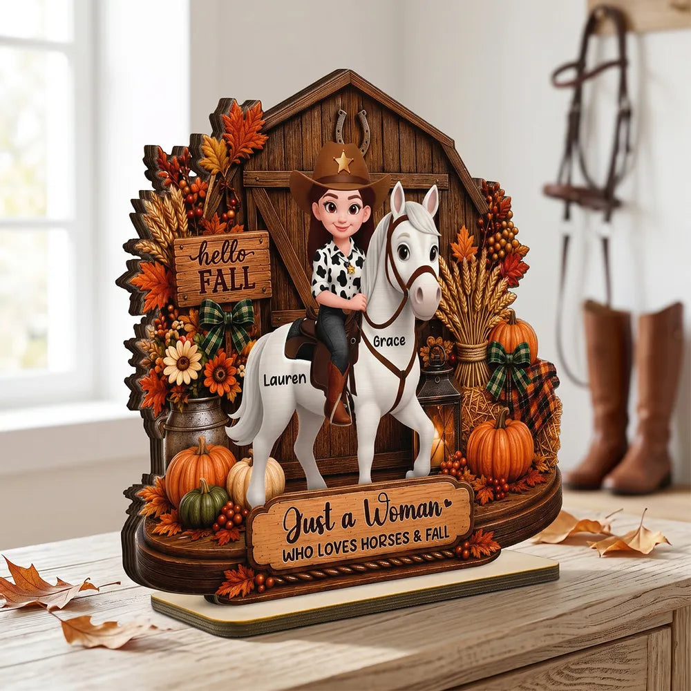 Personalized 2-Layer Wooden Plaque, Cowgirl Riding a Horse by an Autumn Barn, Unique Gift for Horse Lovers