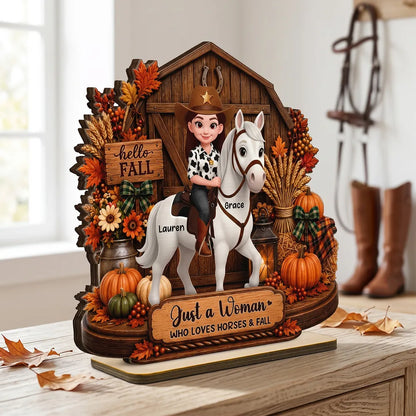 Personalized 2-Layer Wooden Plaque, Cowgirl Riding a Horse by an Autumn Barn, Unique Gift for Horse Lovers