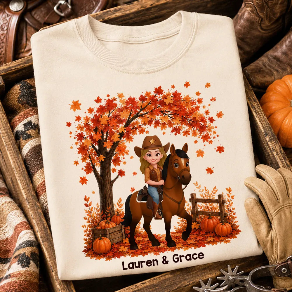 Personalized Classic Tee with Cartoon Cowgirl Riding a Horse in an Orange Fall Scene, Creative Gift for Horse Lovers