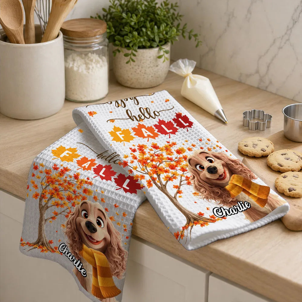Hello Fall Personalized Kitchen Towel, Smiling Dog by an Autumn Tree, Creative Gift for Pet Owners