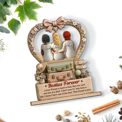 Personalized 2-Layer Wooden Plaque, Besties Forever Seated Arm in Arm, Vintage Floral Unique Gift for Best Friend