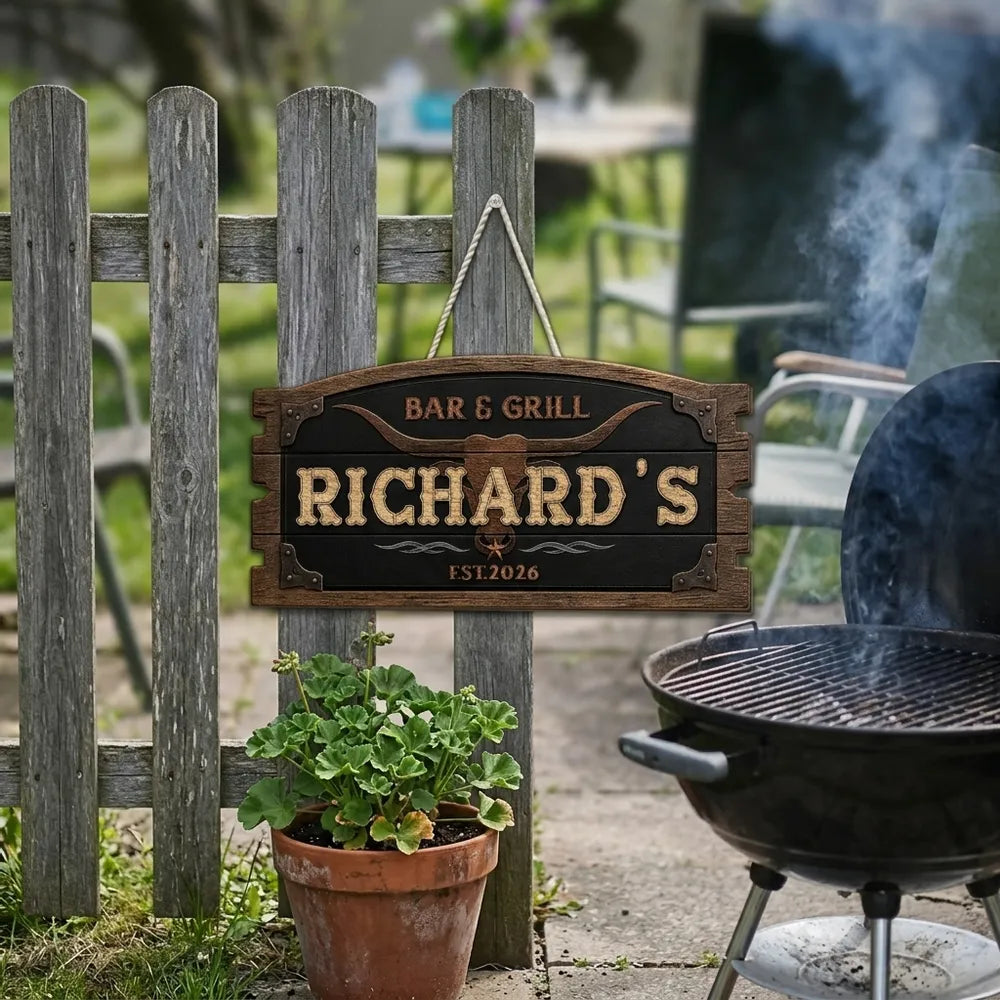 Personalized Rustic Longhorn Wooden Sign, Bar & Grill Decor, Unique Gift for Home Cooks