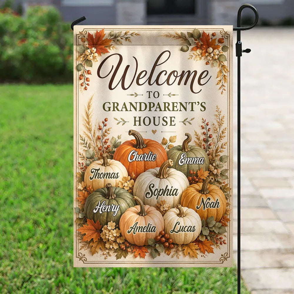 Personalized Garden Flag, Fall Pumpkin Yard Decor with Welcome to Grandparents' House, Unique Gift for Grandma & Grandpa