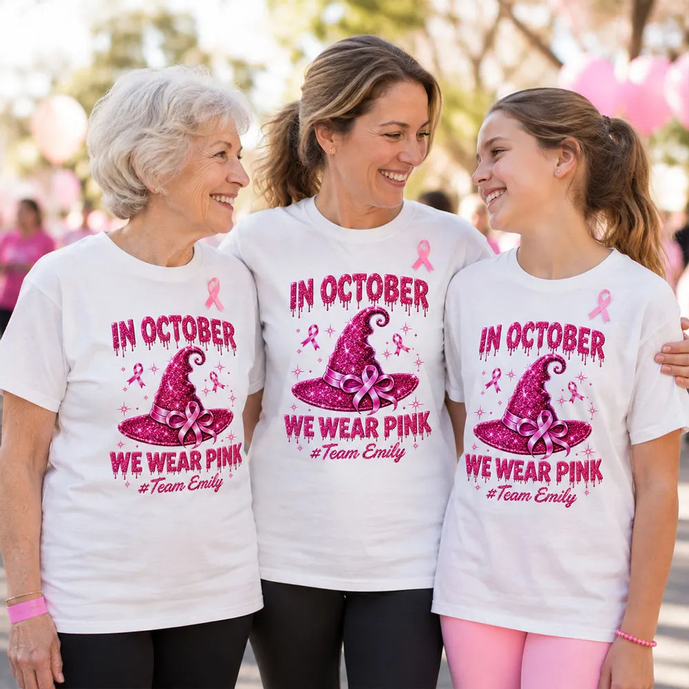 In October We Wear Pink Personalized Classic Tee, Sparkling Witch Hat, Creative Gift for Supporters