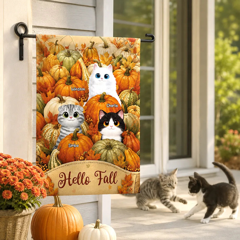 Hello Fall Personalized Garden Flag, Playful Cats in a Pumpkin Patch, Creative Gift for Cat Lovers and Autumn Decor