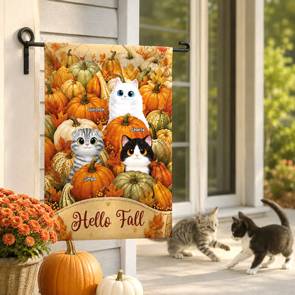 Hello Fall Personalized Garden Flag, Playful Cats in a Pumpkin Patch, Creative Gift for Cat Lovers and Autumn Decor