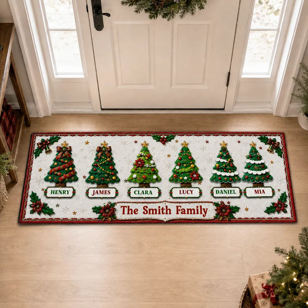 Personalized Family Christmas Tree Premium Doormat, Red and Green Entryway Decor, Unique Housewarming Gift