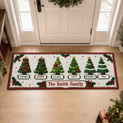 Personalized Family Christmas Tree Premium Doormat, Red and Green Entryway Decor, Unique Housewarming Gift