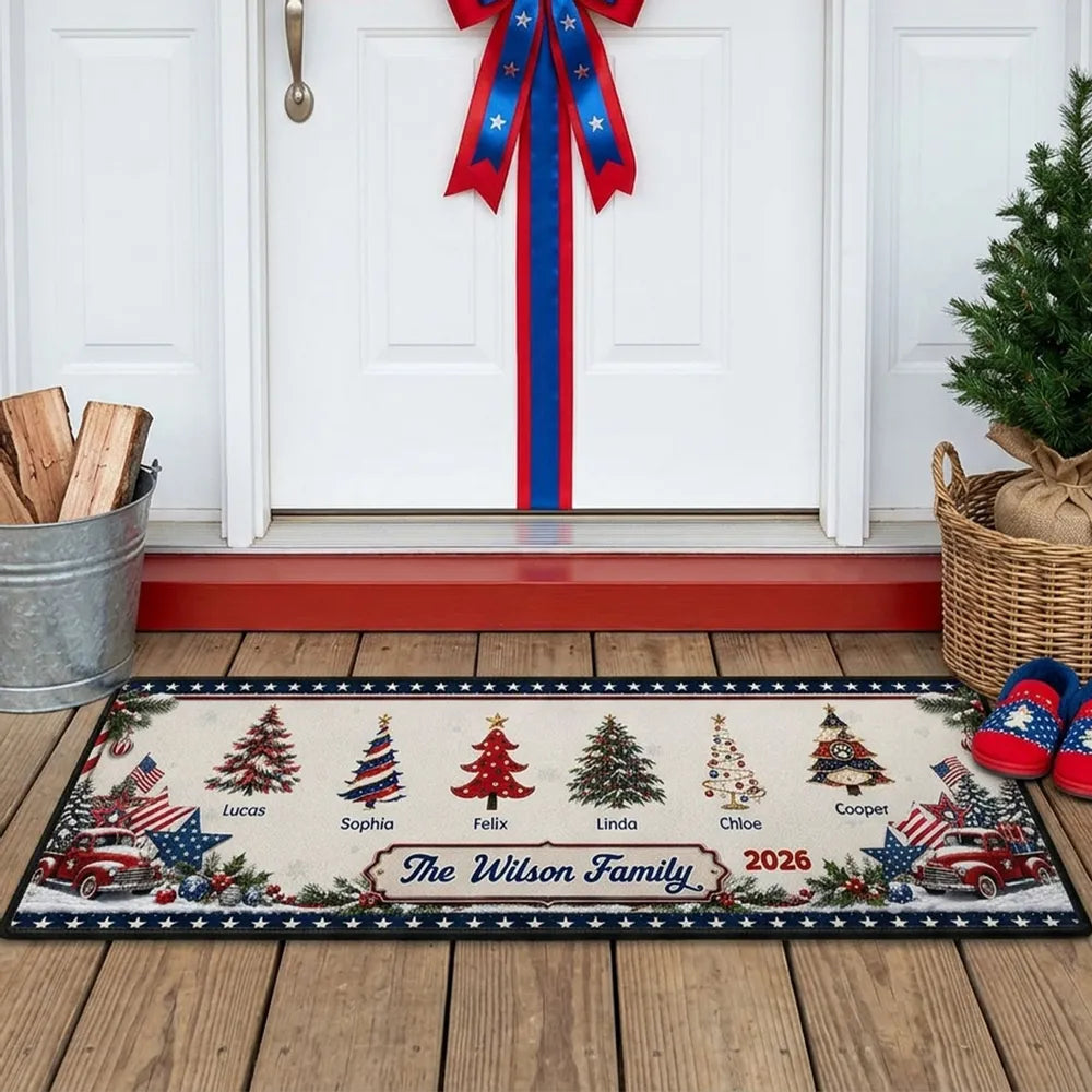 Personalized Standard Doormat, Vintage Trucks and Christmas Trees for a Warm Family Welcome, Creative Gift for Family