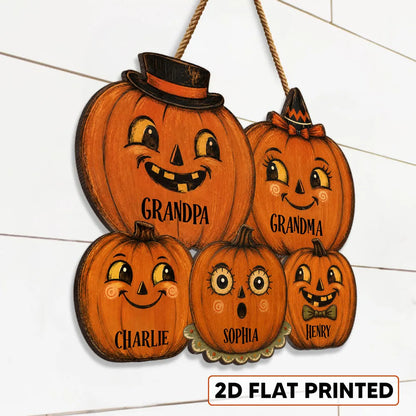 Personalized Wooden Sign with Smiling Pumpkin Family, Retro Halloween Door Decor, Unique Gift for Grandparents