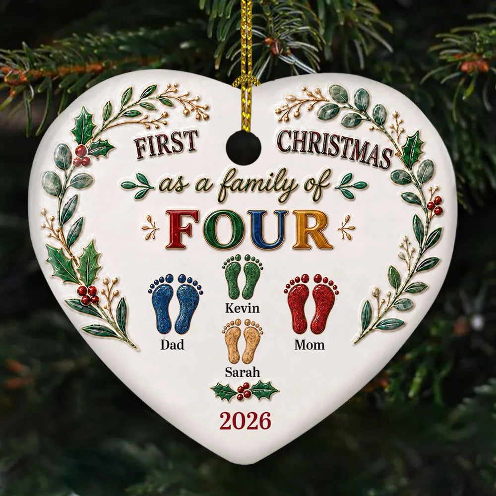 Ceramic Heart Ornament, Personalized Family Footprints for a First Christmas, Creative Gift for Parents