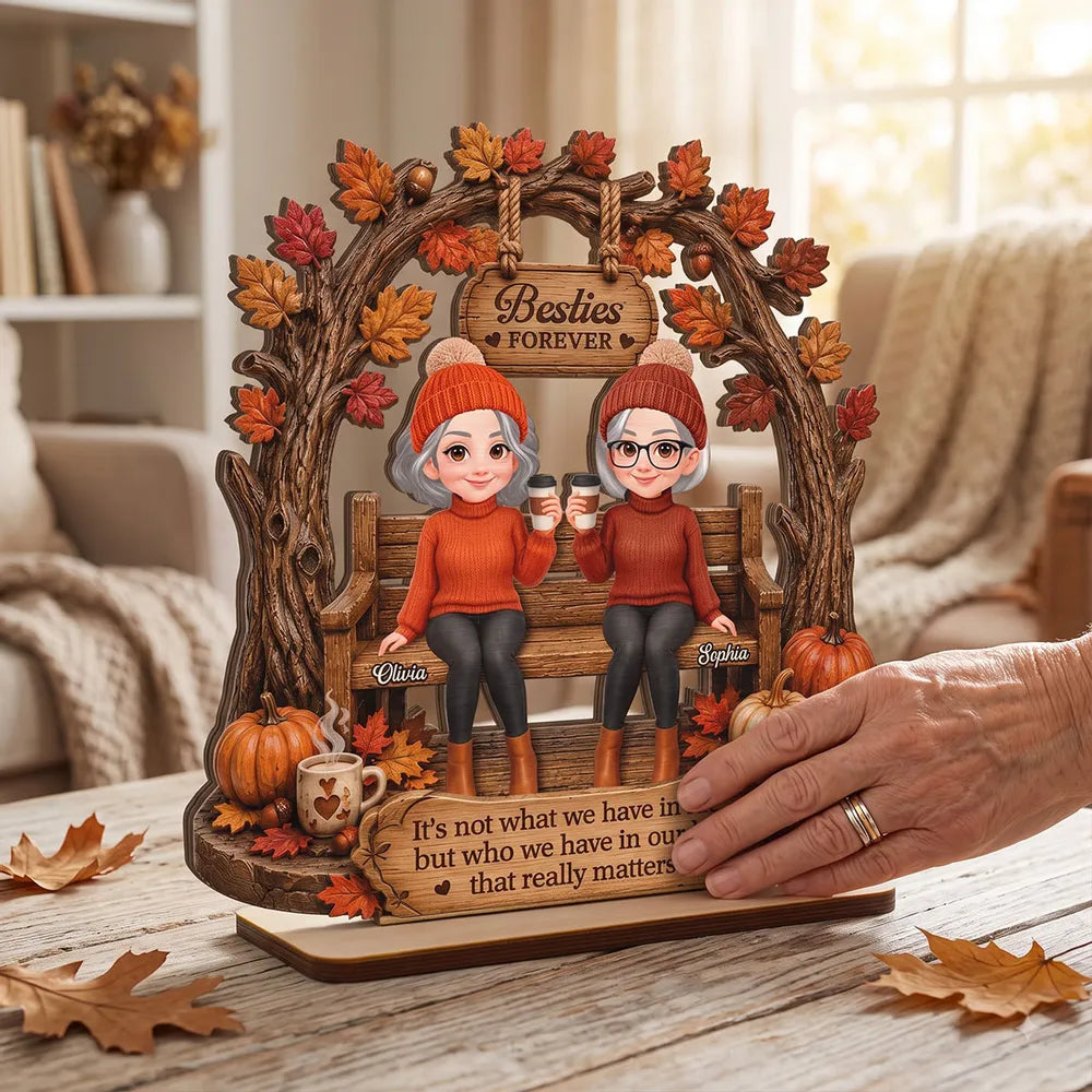 Personalized Layered Wooden Plaque, Rustic Autumn Friends Sharing Coffee, Unique Gift for a Best Friend