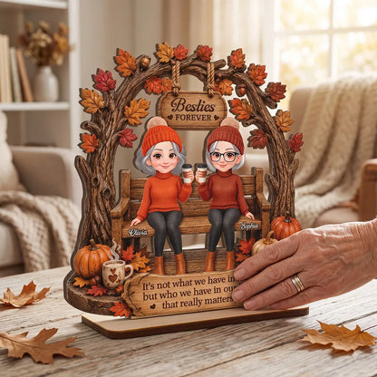 Personalized Layered Wooden Plaque, Rustic Autumn Friends Sharing Coffee, Unique Gift for a Best Friend