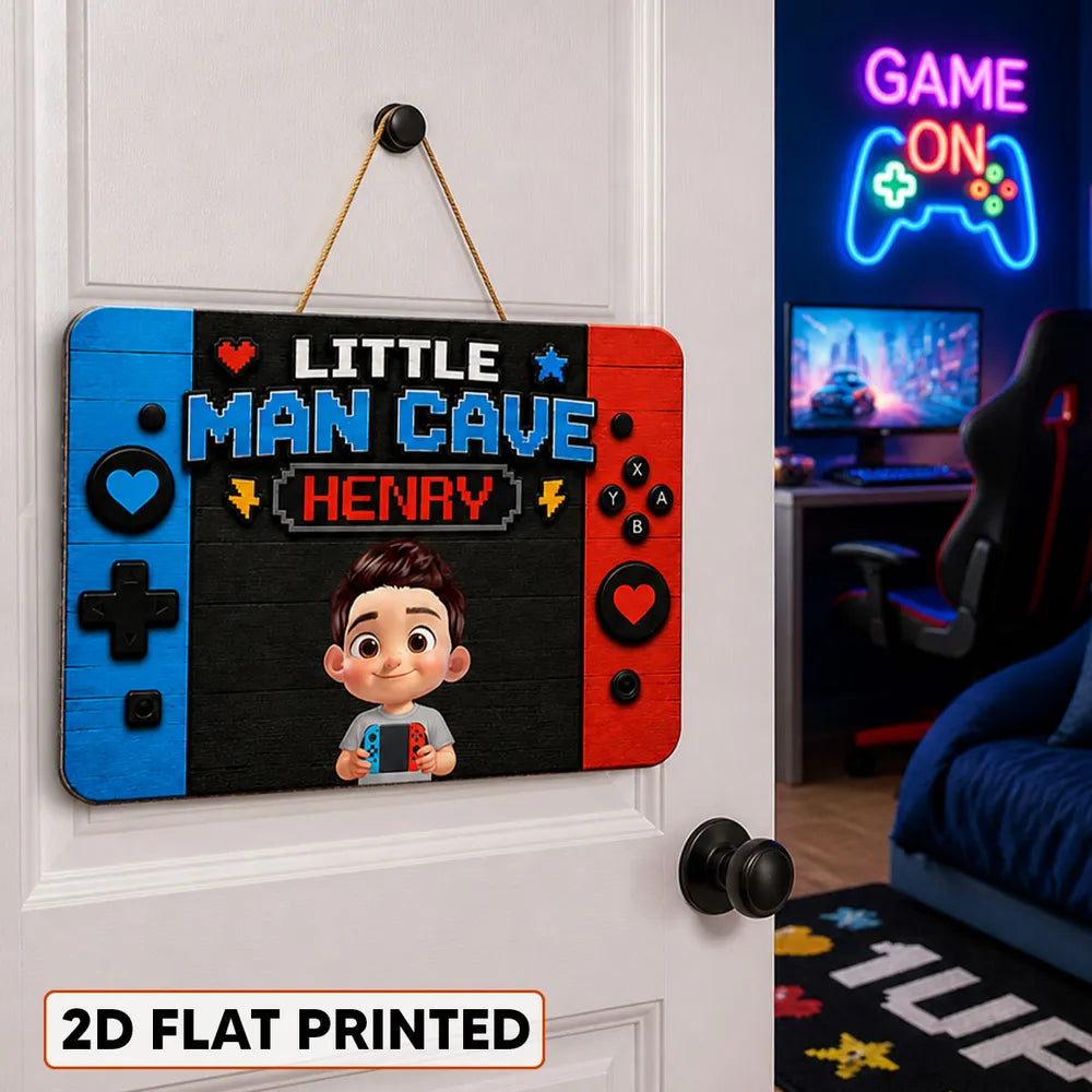Personalized Little Man Cave Wooden Sign, Cartoon Gamer Holding Controller, Unique Gift for Boys and Gamers