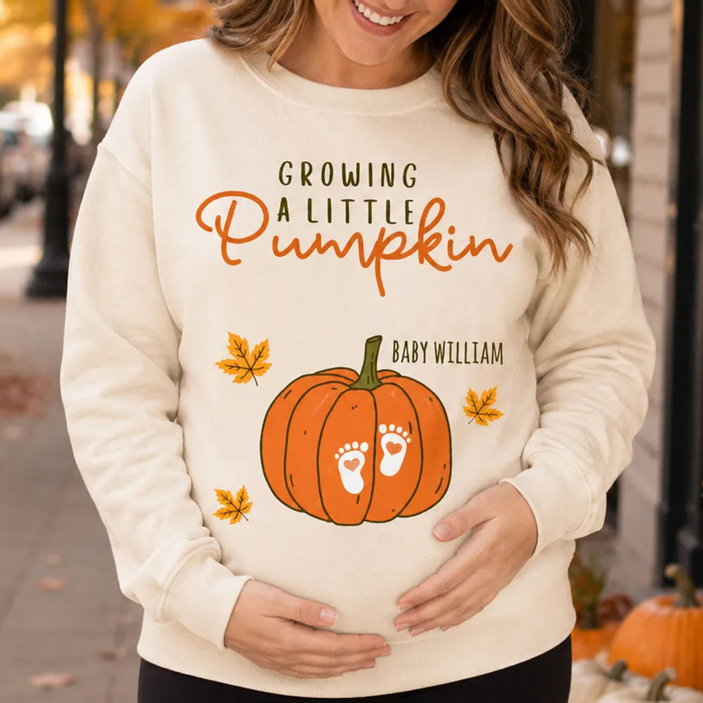 Personalized Classic Tee, Pumpkin and Baby Footprints Fall Design, Unique Gift for Mom-to-Be