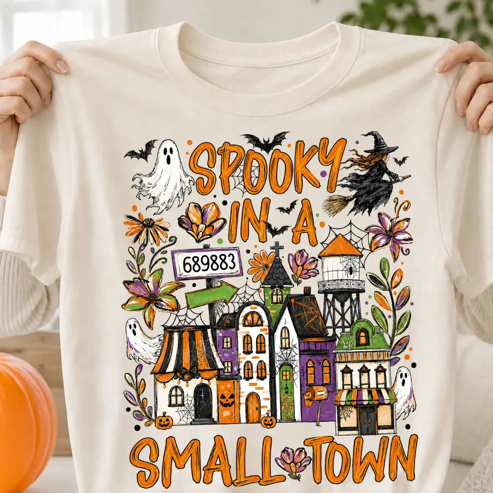 Personalized Classic Tee, Orange Ghost and Bat Town Scene, Unique Halloween Gift for Small Town Fans