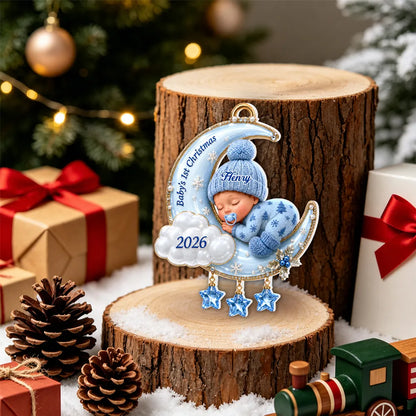 Personalized Acrylic Ornament, Sleeping Baby on Pink Moon, Christmas Tree Keepsake, Unique Gift for New Parents