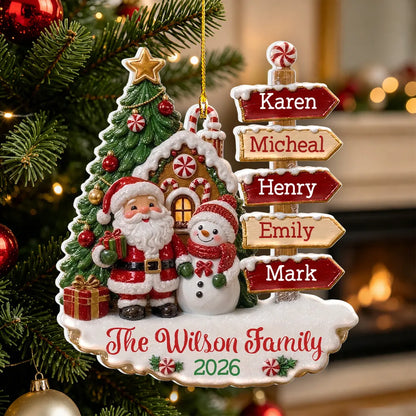 Personalized Acrylic Ornament, Santa and Snowman by a Snowy Gingerbread House, Unique Family Gift