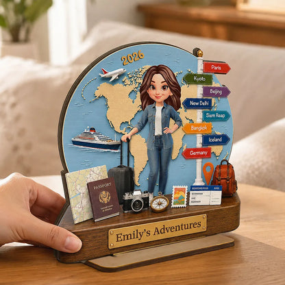 Personalized 2-Layer Wooden Plaque, Cartoon Traveler by a Blue World Map, Unique Gift for Travel Lovers
