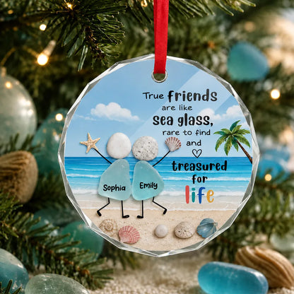 Crystal Ornament, Treasured for Life Sea Glass Friends on a Sunny Beach, Personalized Creative Gift for Bestie
