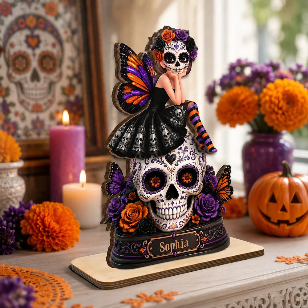 Seated Sugar Skull Fairy Wooden Plaque, Personalized Gothic Keepsake, Creative Halloween Gift for Skull Lovers