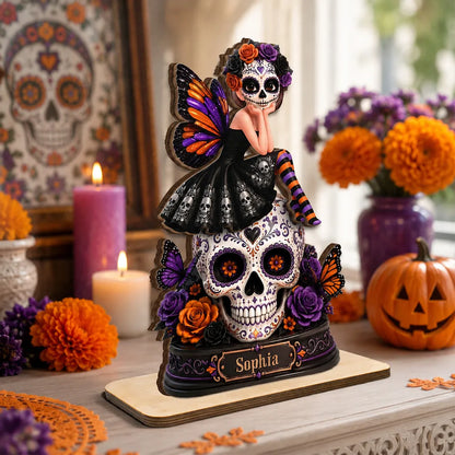 Seated Sugar Skull Fairy Wooden Plaque, Personalized Gothic Keepsake, Creative Halloween Gift for Skull Lovers
