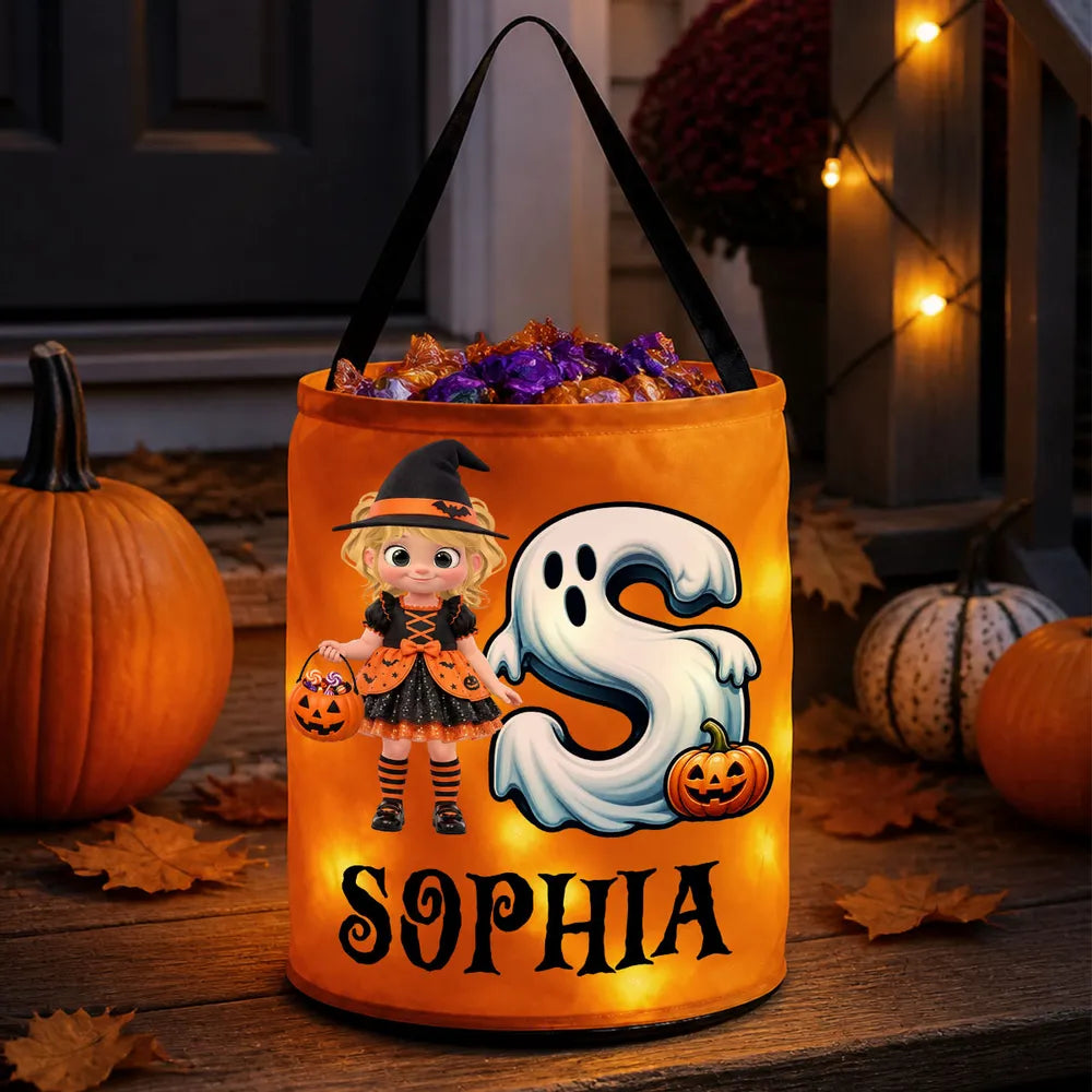 Personalized LED Light Up Fabric Basket, Witch Girl Holding Pumpkin Basket, Unique Halloween Gift for Kids
