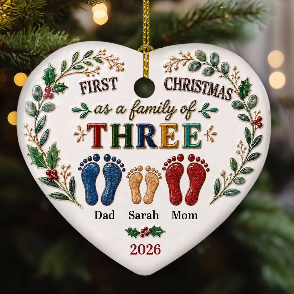 Ceramic Heart Ornament, Personalized Family Footprints for a First Christmas, Creative Gift for Parents
