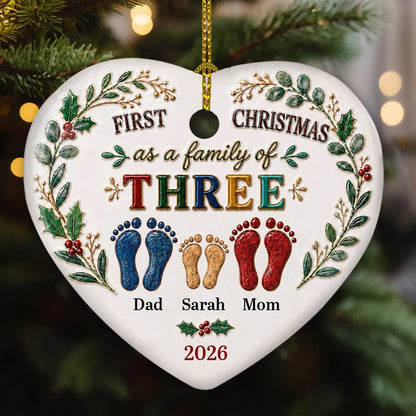 Ceramic Heart Ornament, Personalized Family Footprints for a First Christmas, Creative Gift for Parents