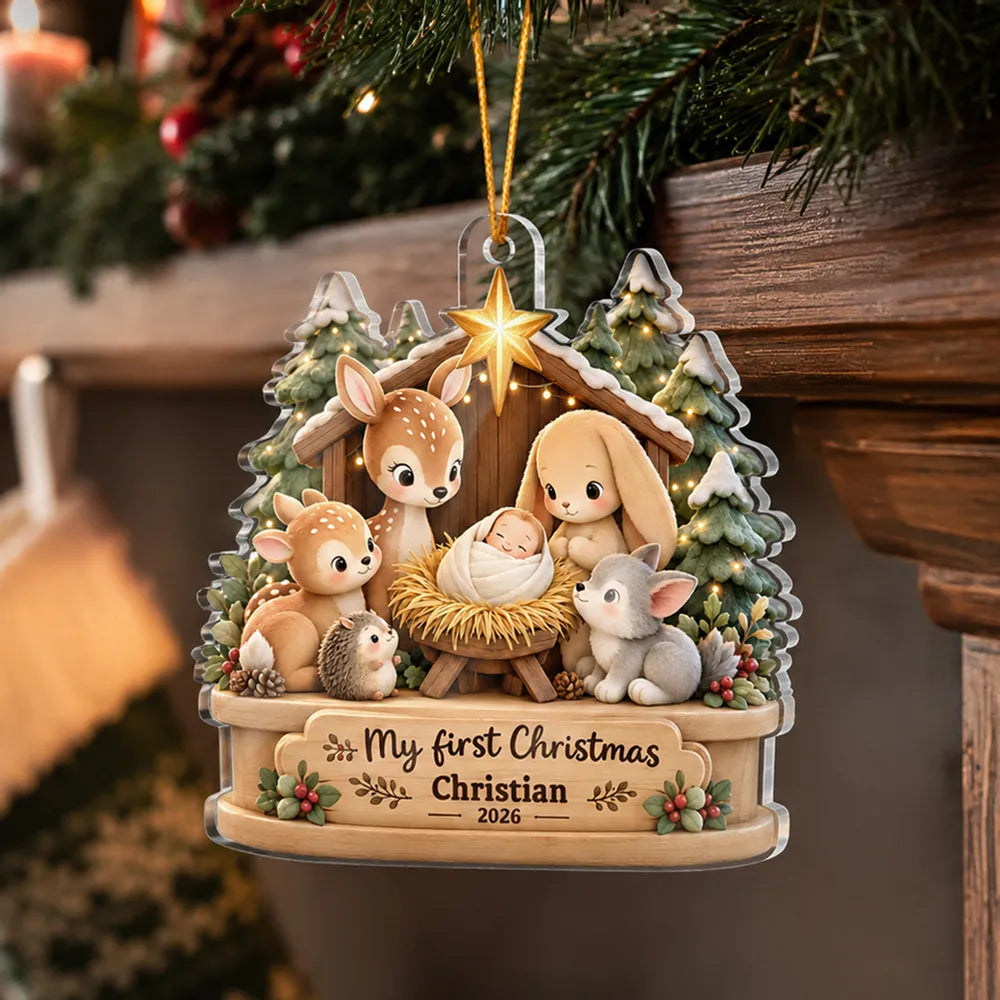 Personalized Acrylic Ornament, My First Christmas Snowy Woodland Scene in Warm Neutrals, Unique Baby Keepsake Gift