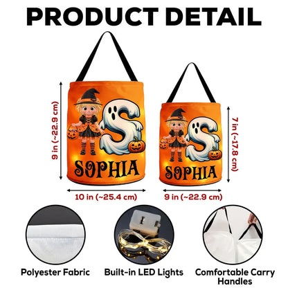 Personalized LED Light Up Fabric Basket, Witch Girl Holding Pumpkin Basket, Unique Halloween Gift for Kids