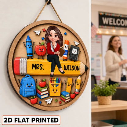 Personalized Wooden Sign with Seated Teacher and Cute School Supplies, Colorful Classroom Decor, Unique Teacher Gift