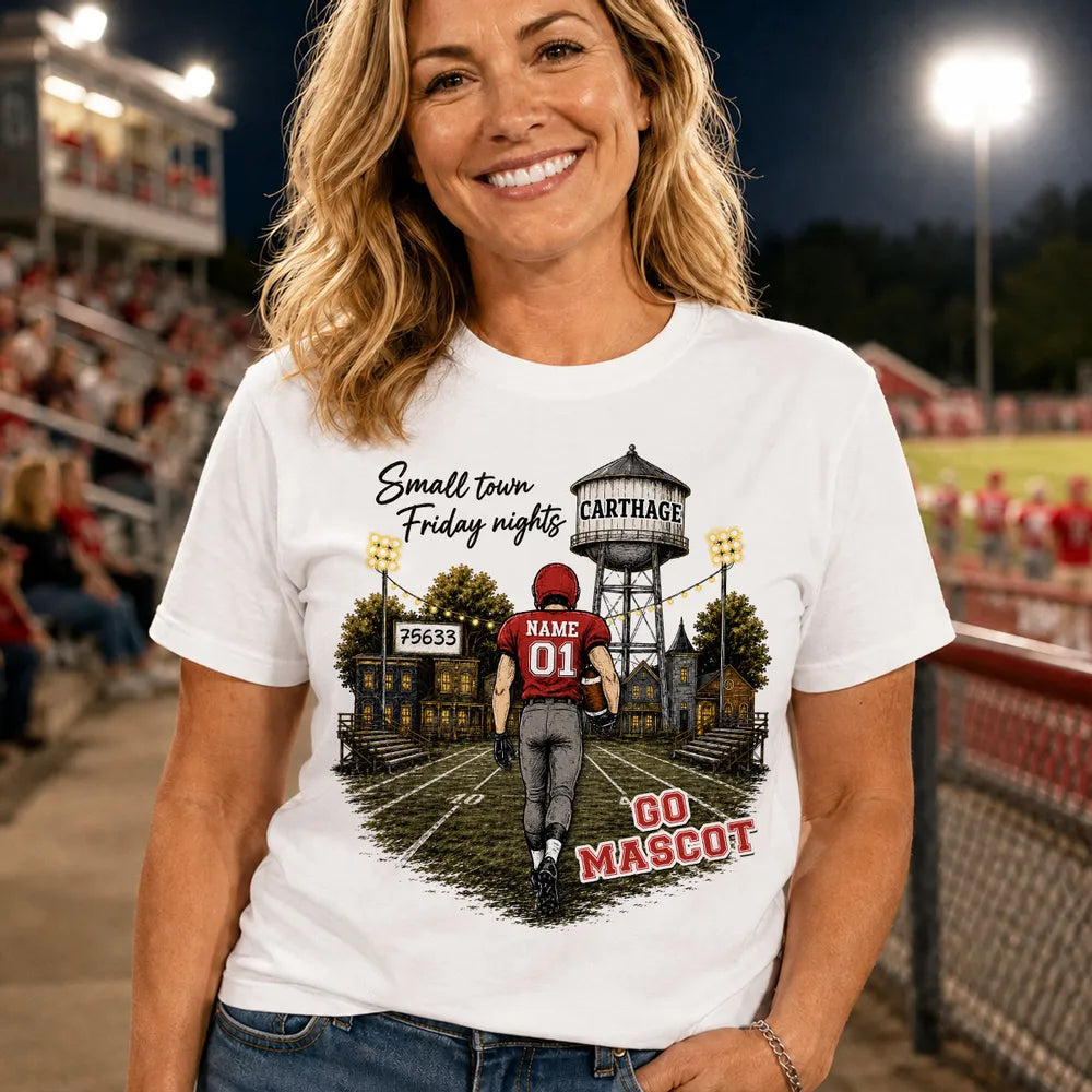 Personalized Classic Tee, Player Walking into a Green & Gold Friday Night Football Scene, Creative Gift for Mom