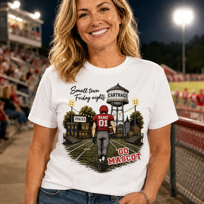 Personalized Classic Tee, Player Walking into a Green & Gold Friday Night Football Scene, Creative Gift for Mom