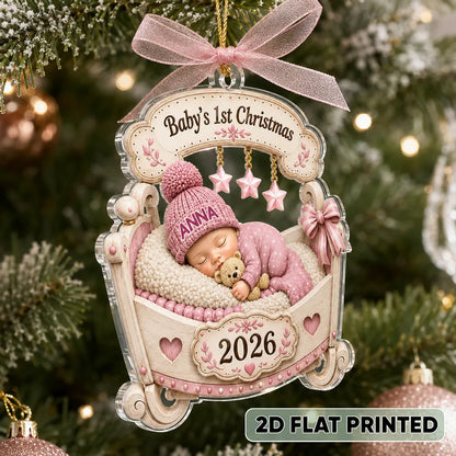 Baby's 1st Christmas Acrylic Ornament, Pink Sleeping Baby in Cradle, Heartwarming Creative Gift for Family