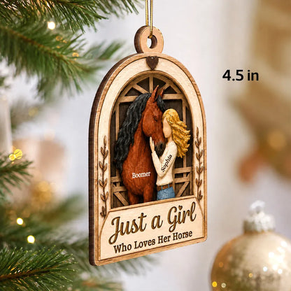 Personalized Wooden Ornament, Girl Hugging Horse in Rustic Barn, Unique Christmas Gift for Horse Lover