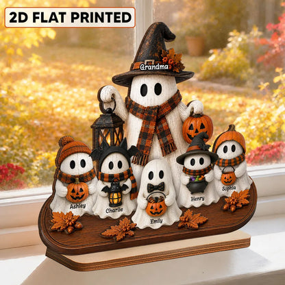 Personalized Wooden Plaque, Grandma and Grandkid Ghosts Standing Together, Rustic Halloween, Unique Gift for Grandma